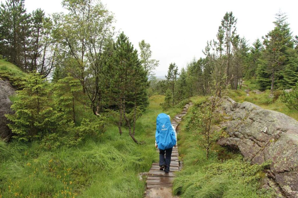 Celine Brewer, from the Family Can Travel blog, hikes in the rain on a family trip to Norway.