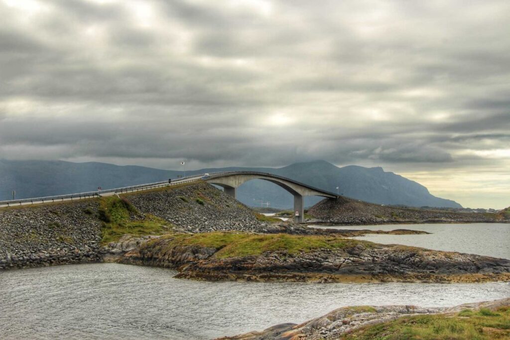 a dramatic bridge on the Atlantic Road - a famous road trip in Norway.