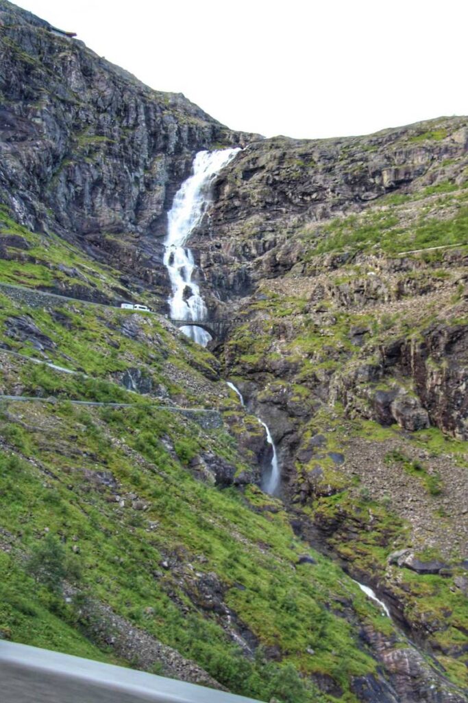 Looking up at the bridge near Stigfossen Waterfall while driving the Trollstigen Road in Norway.