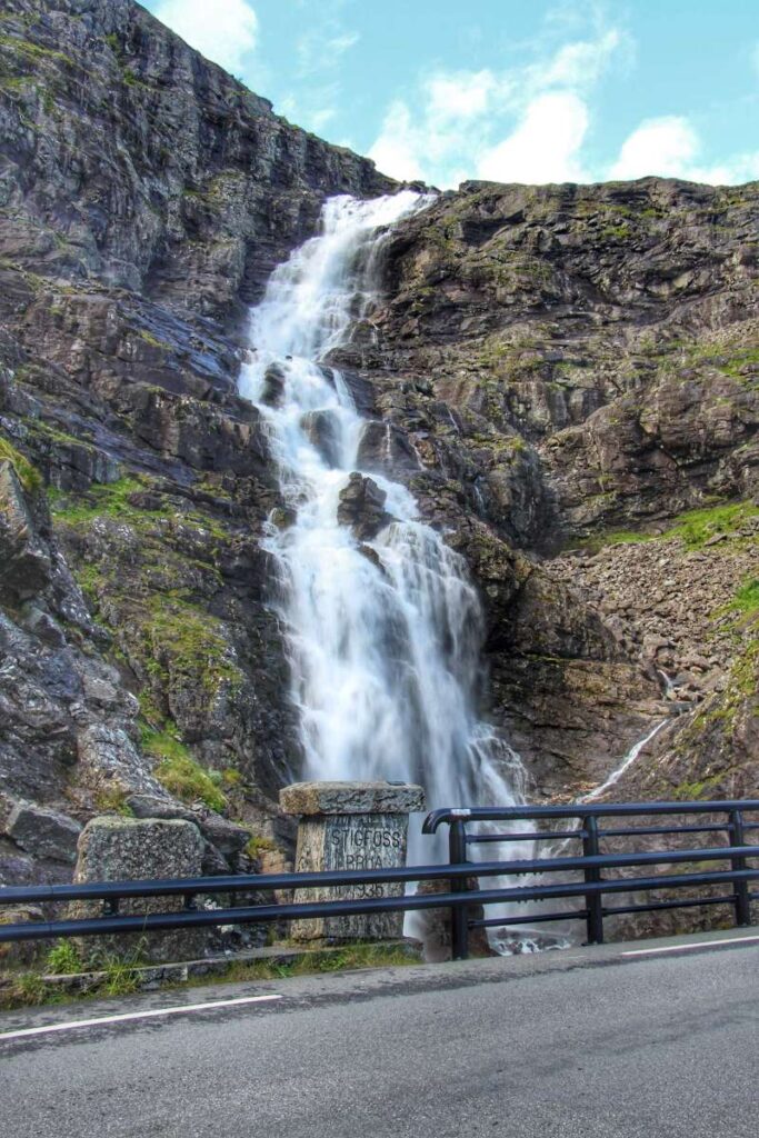 The Stigfossen waterfall is immediately next to the Trollstigen Road.