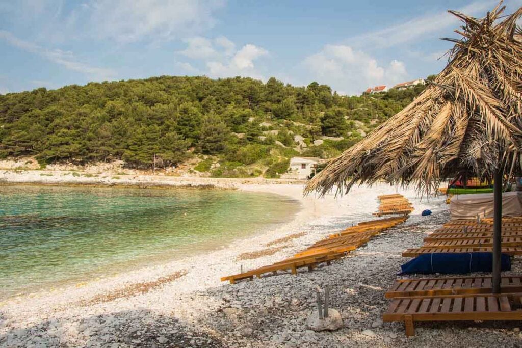 beach chairs on one of the best beaches on Hvar Island