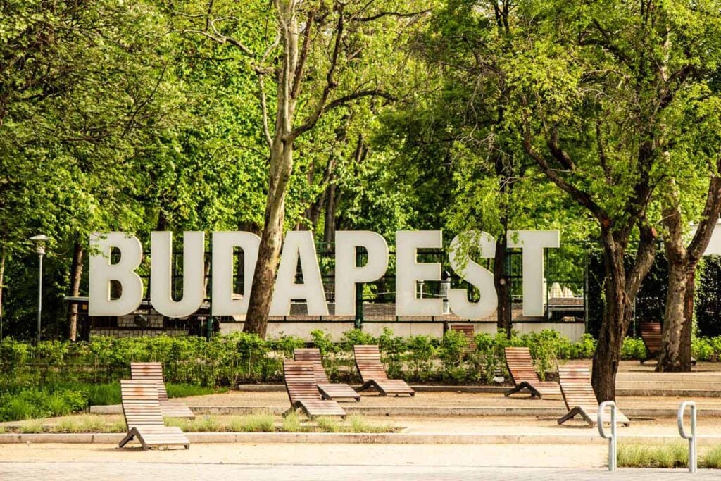 a large Budapest sign on Margaret Island.