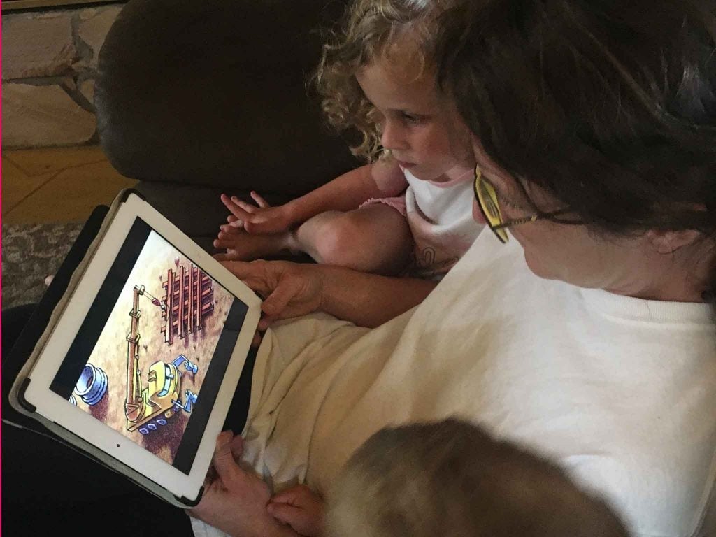 Watching a video of Goodnight, Goodnight Construction Site at bedtime on the Epic Reading App