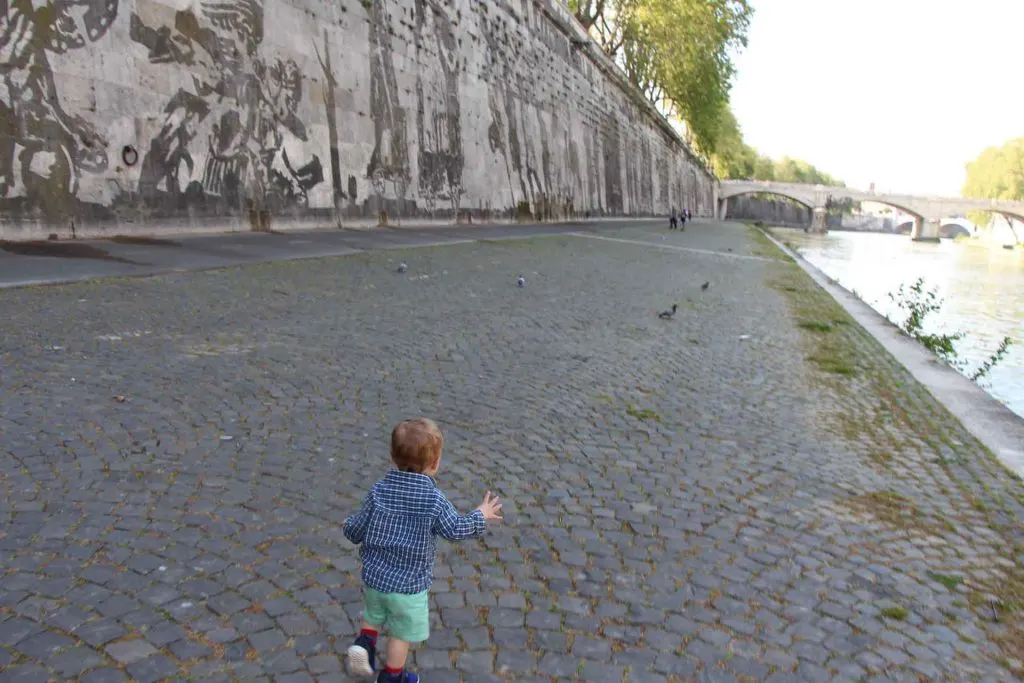 An easy walk along the Tiber River in Rome is a fun thing to do with kids when they get tired of visiting the Colosseum, the Vatican, etc.