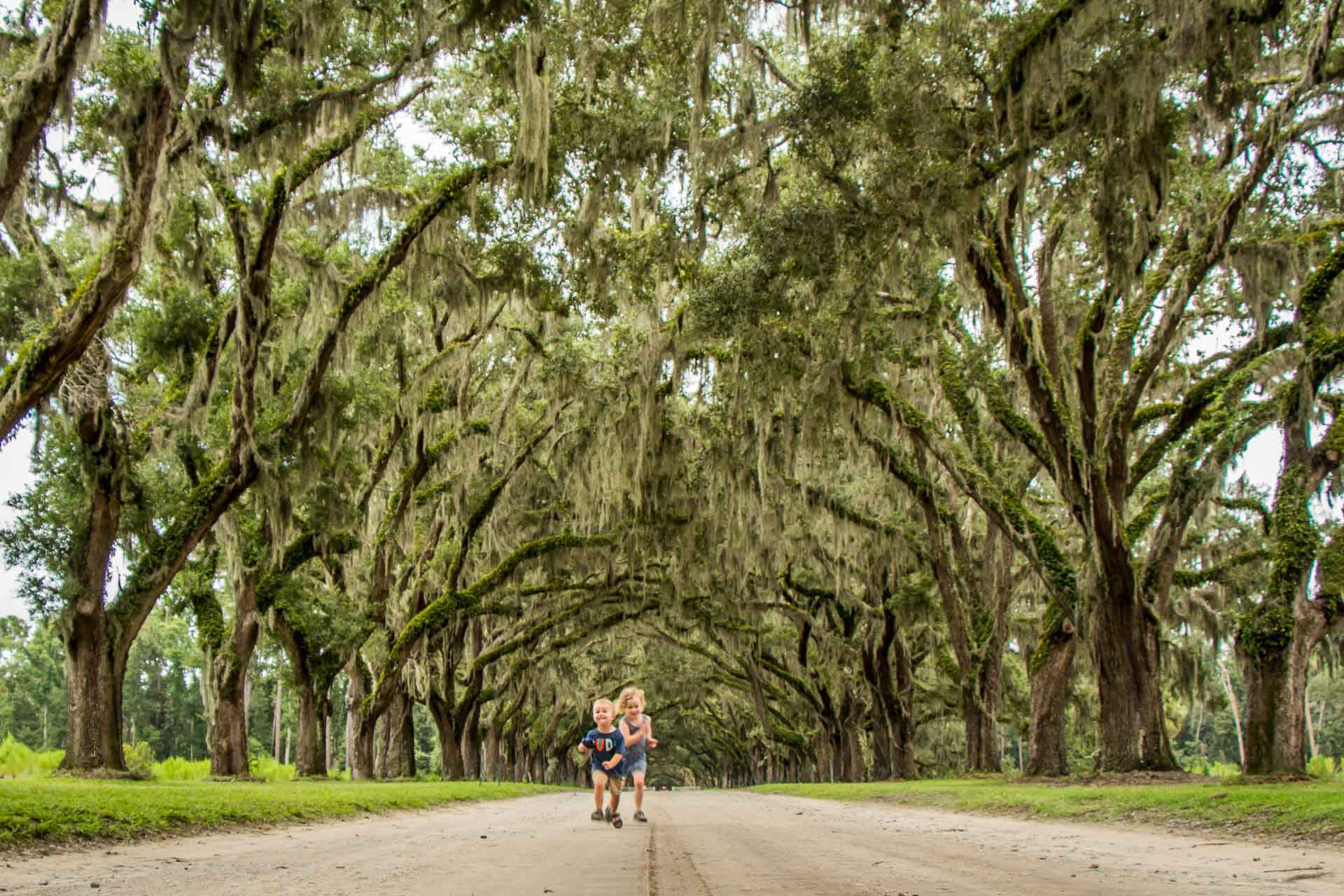 Family Can Travel - 2 Days in Savannah with Kids - Wormsloe Historic Site - Kids having fun under Oaks and Spanish Moss