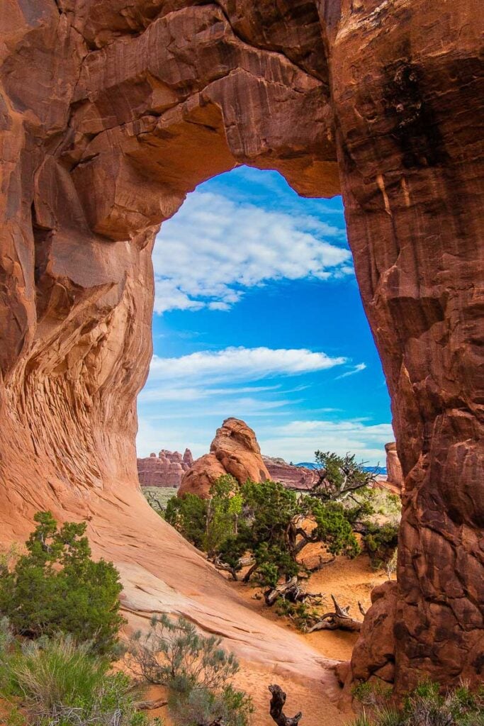 hiking to the pine tree arch in arches national park with kids