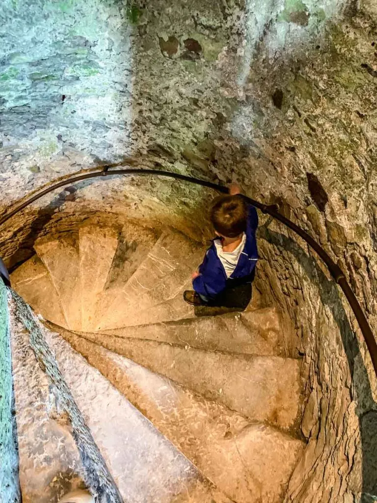 image of boy walking down spiral staircase
