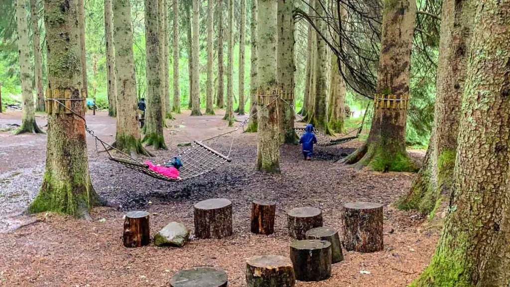image of kids playing in hammocks along the interactive waterfall trail in Queen Elizabeth Forest Park