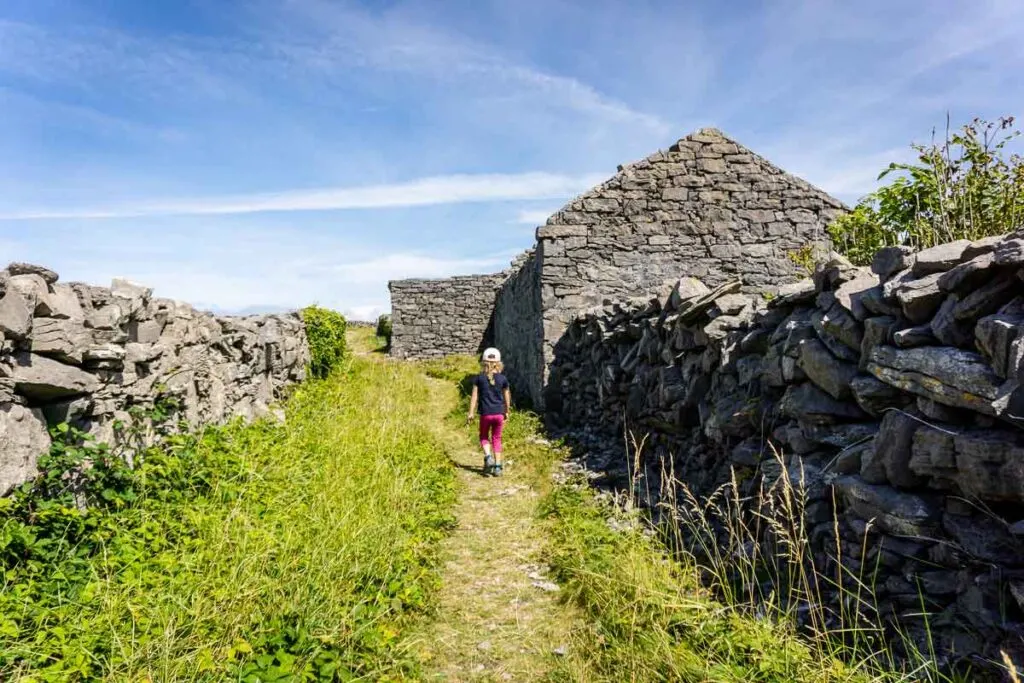image of girl walkign along trail between stone fence on Inis More Island in Ireland