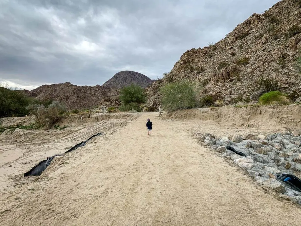 image of boy running along the start of the wilderness loop - best hikes in palm springs ca with kids