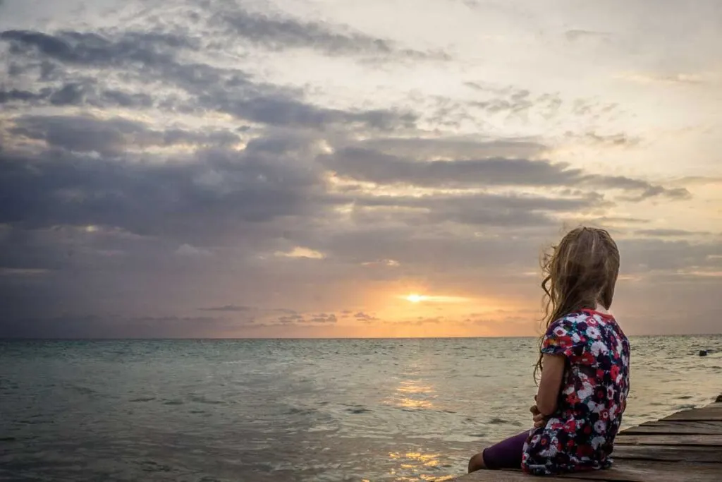 Enjoying the Caribbean sunset from the dock at Dahlandia, Isla Mucura, Colombia