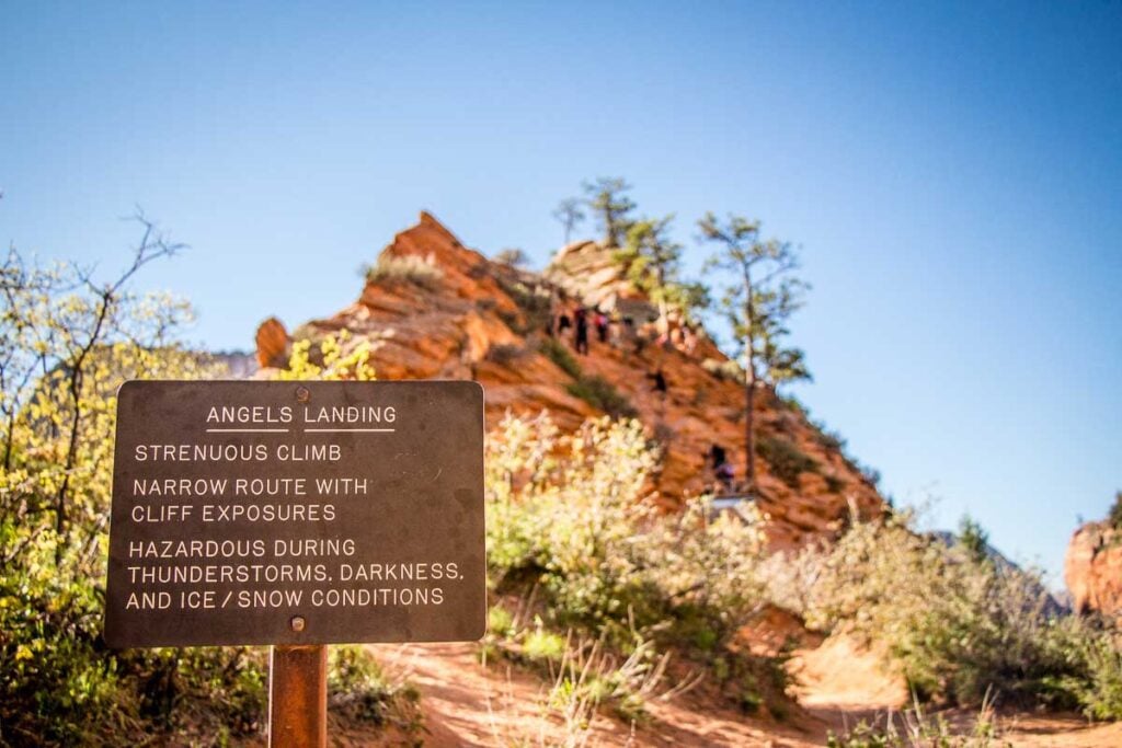 The warning sign along the route to Angels Landing summit in Utah.