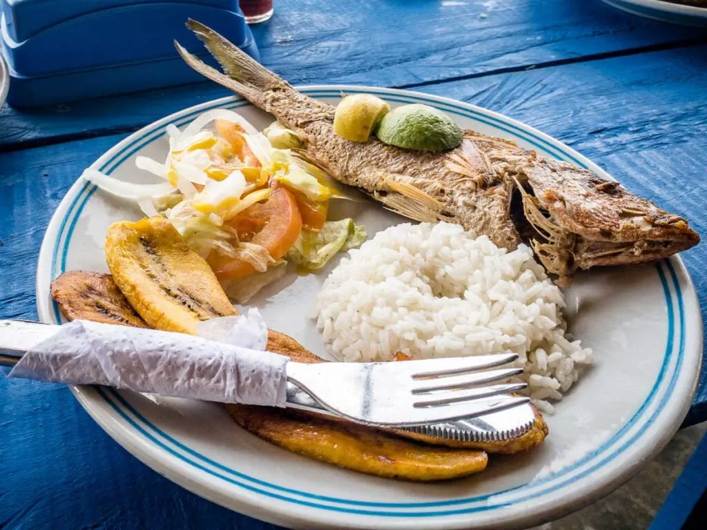 A typical lunch served at the Dahlandia hotel on Isla Mucura, Colombia