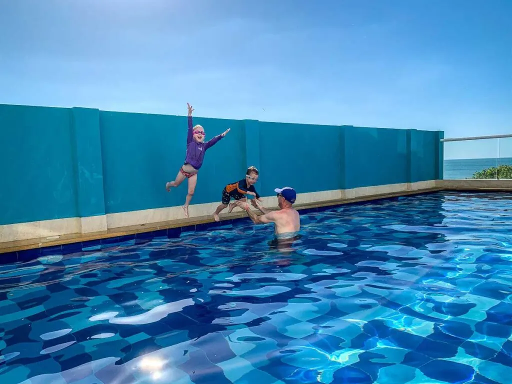 After a long trip to Colombia from Canada, our kids enjoyed playing at the pool at our Rodadero apartment rental