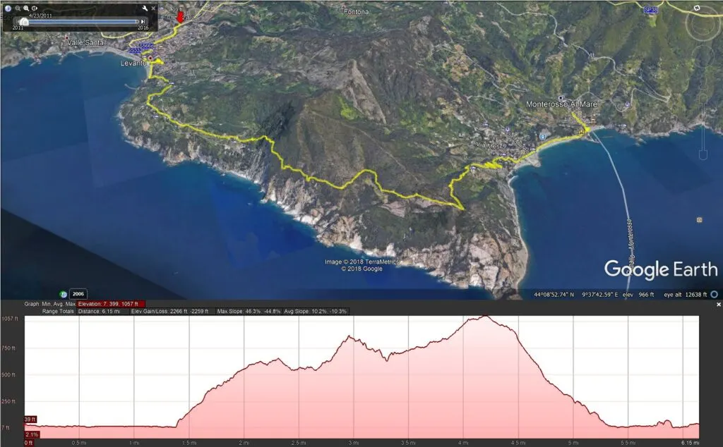 A Cinque Terre hiking map of the Levano to Monterosso hike - GPS data imported into Google Earth
