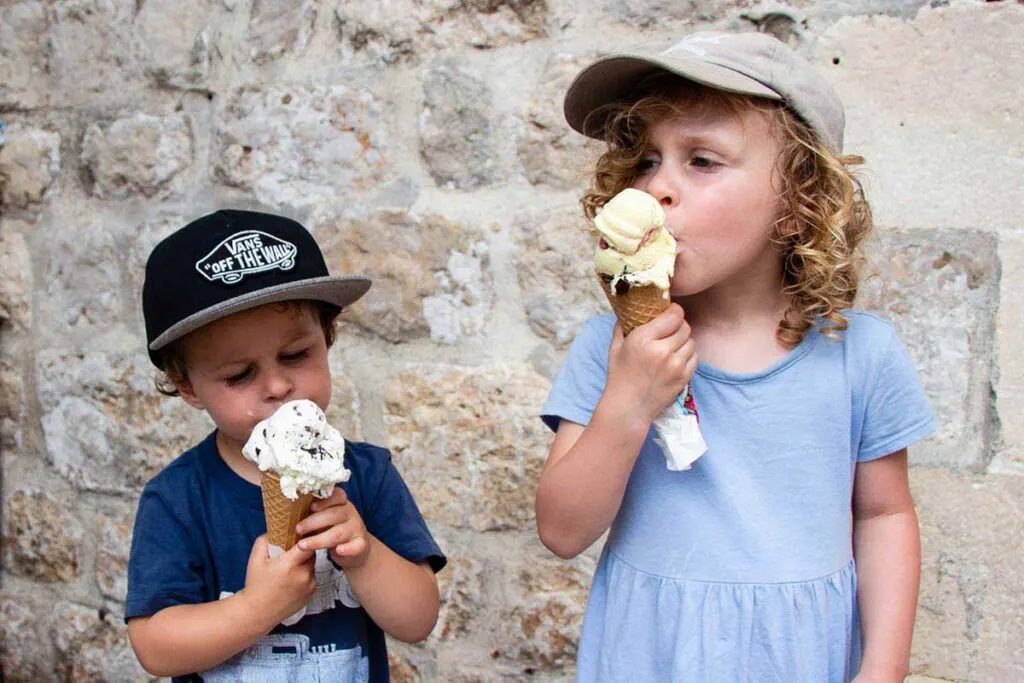 Eating Ice Cream in Croatia with children after walking the Walls of Dubrovnik