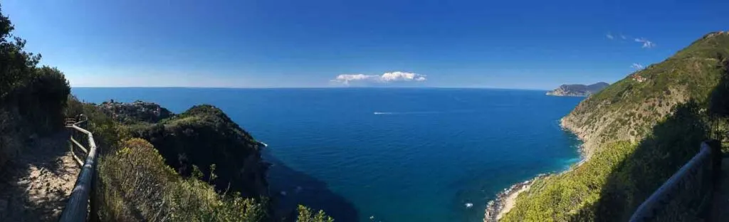 Panoramic photograph of the view from the Vernazza to Corniglia hike in Cinque Terre