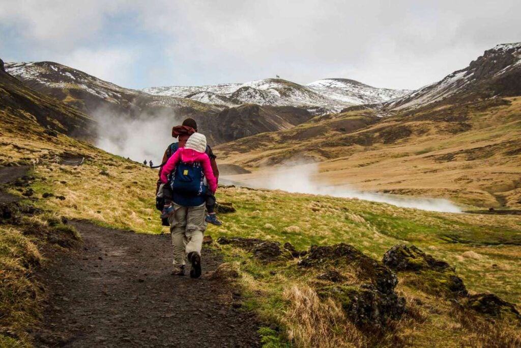 things to do on an Iceland family vacation - Reykjadalur Hot Spring Thermal River trail - Golden Circle hiking with kids 