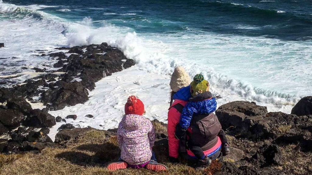 things to do on the Snaefellsnes Peninsula with kids - watching North Atlantic waves crash near the abandoned farmhouse hike
