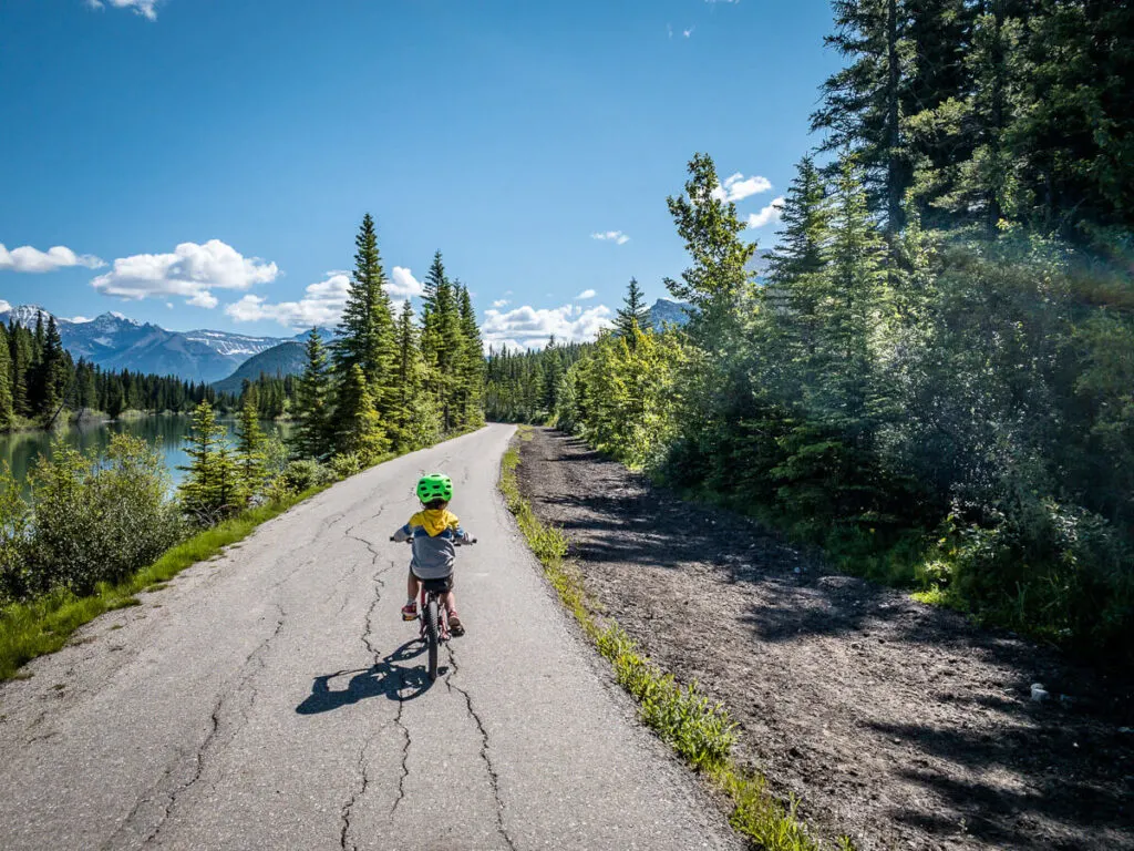 Sundance Canyon biking with kids in Banff