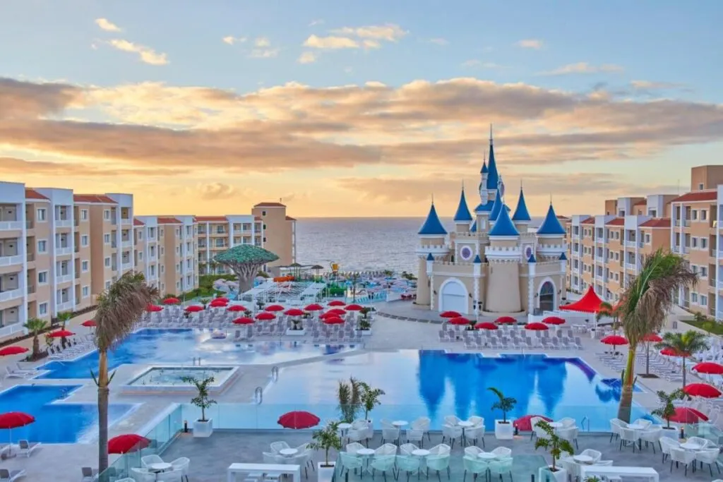 an aerial view of the Bahia Principe Fantasia Tenerife family resort featuring a fantasy castle