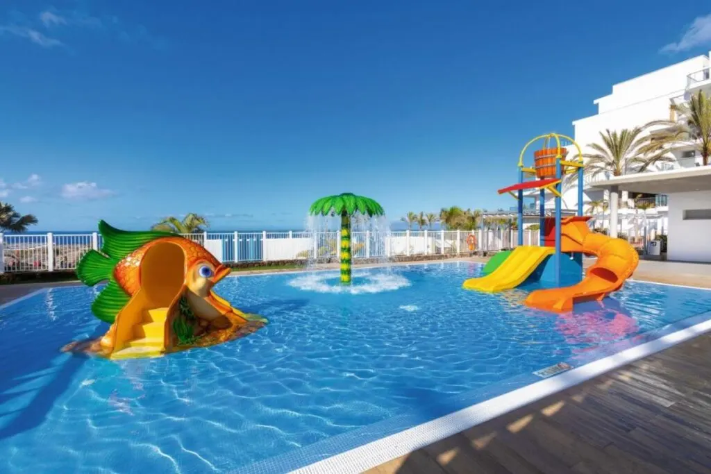 colorful water slides for kids at an all inclusive resort in the Canary Islands, Spain