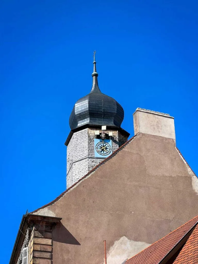 Our kids loved this clock tower in Mutzig, France as its face moved at the top of every hour