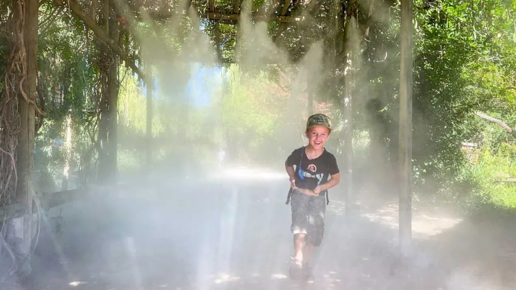 a boy is all smiles as he walks through a wall of mist at the NaturOparC zoo in Hunawihr, France