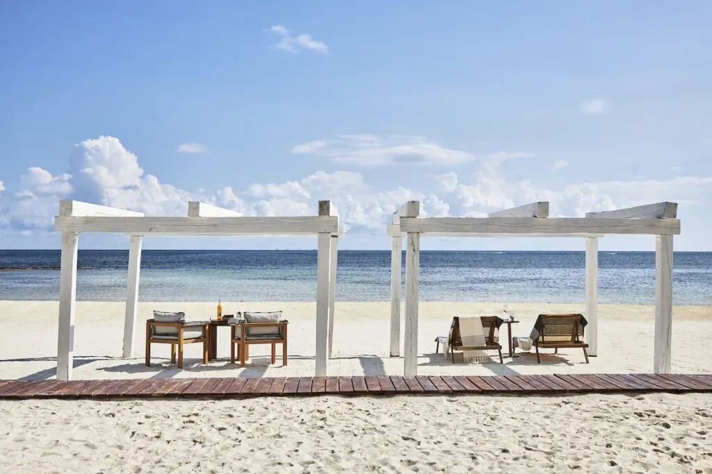 luxurious beach cabanas at the Etero all-inclusive resort for families.