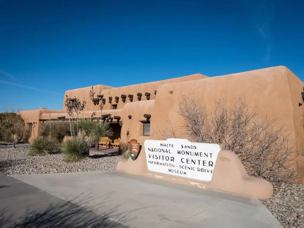 The exterior of the White Sands Visitor Center building.