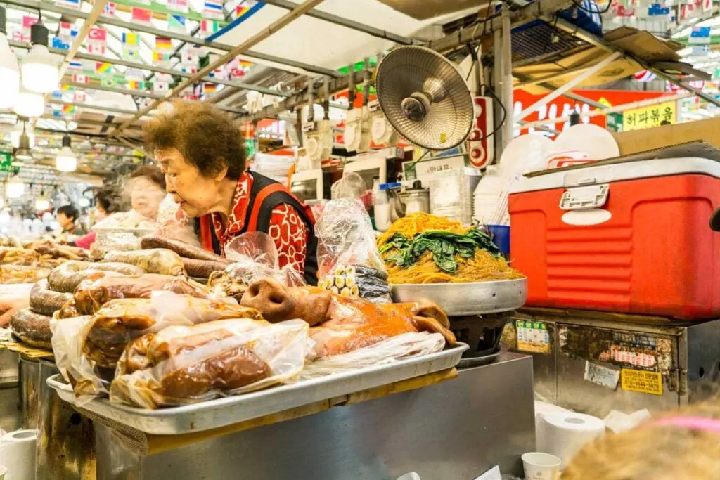 a pig snout for sale at a food stall in the Gwangjang Market in Seoul, South Korea. 