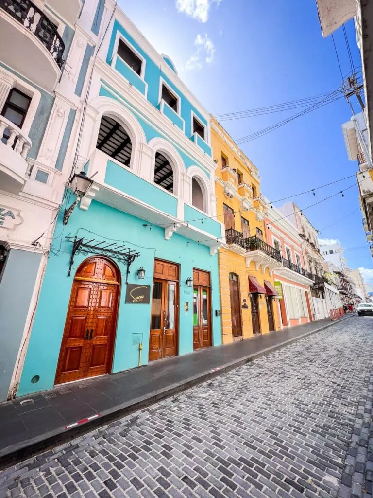 colorful buildings on a quiet street in Old San Juan, Puerto Rico.