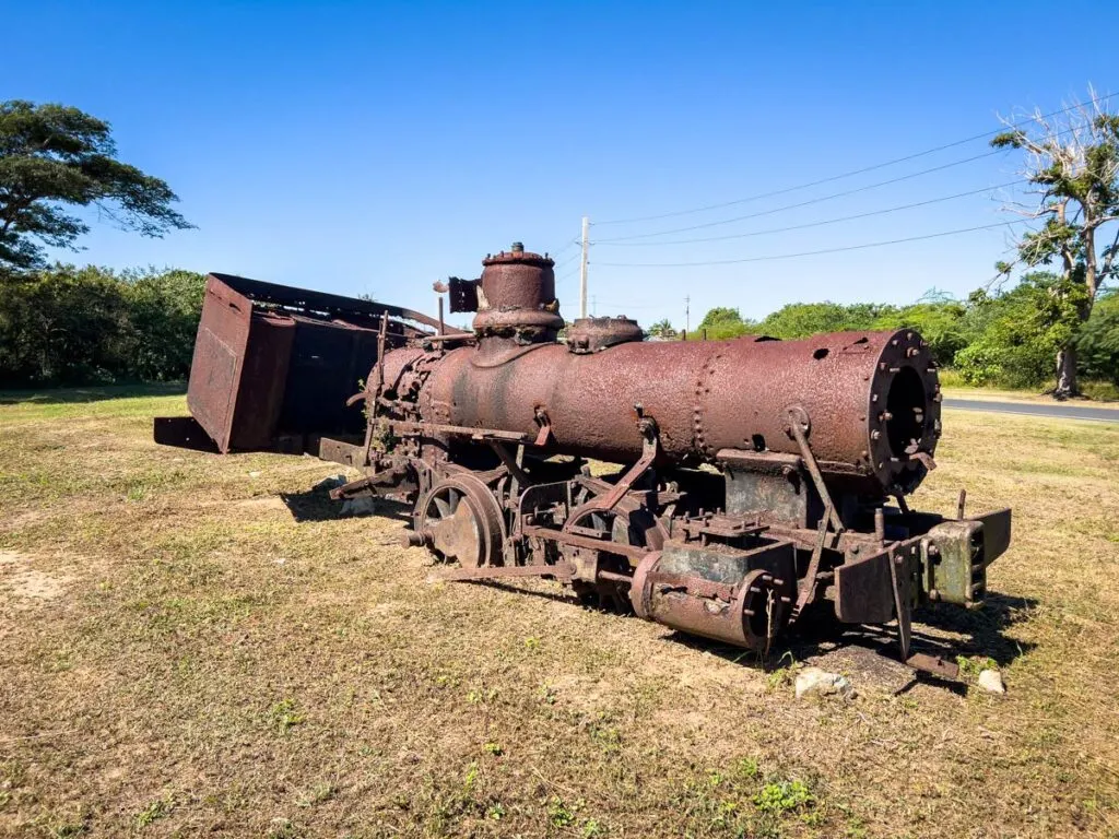 A collection of rusted train engines and cars near Esperanza, Vieques.