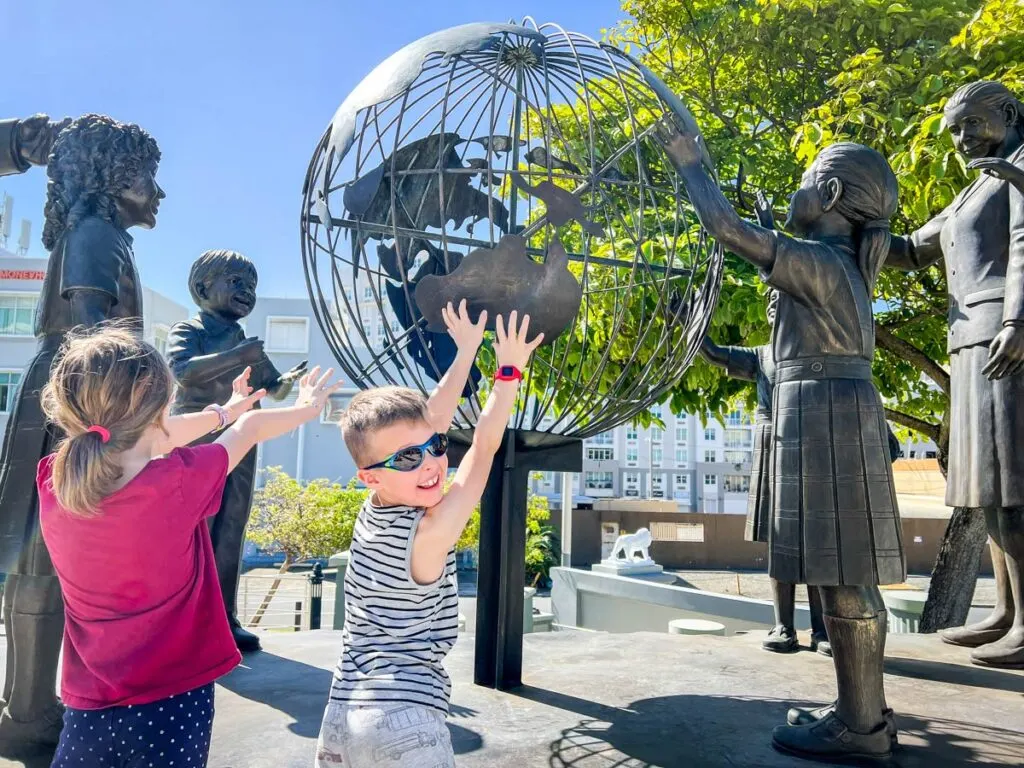 kids enjoy the artworld along the Walkway of the Presidents while on a family holiday to San Juan, Puerto Rico.