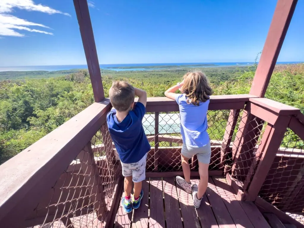 Two kids enjoy views of Vieques from the observation tower.