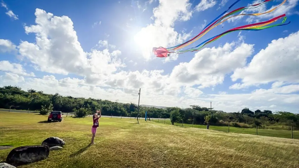 a girl flies a kite on the lawn of her vacation home in Vieques, Puerto Rico.