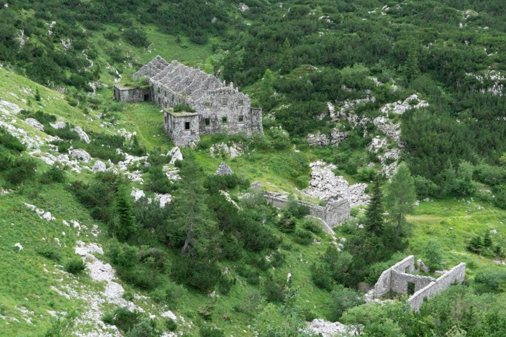 ruins of a World War I army barracks on a hut hike to Krn Lake in Triglav National Park.