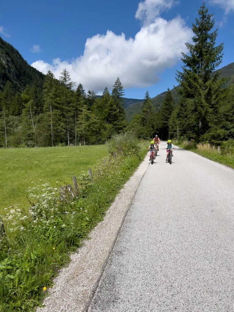two kids cycle through a meadow on a quiet road in Triglav National Park.