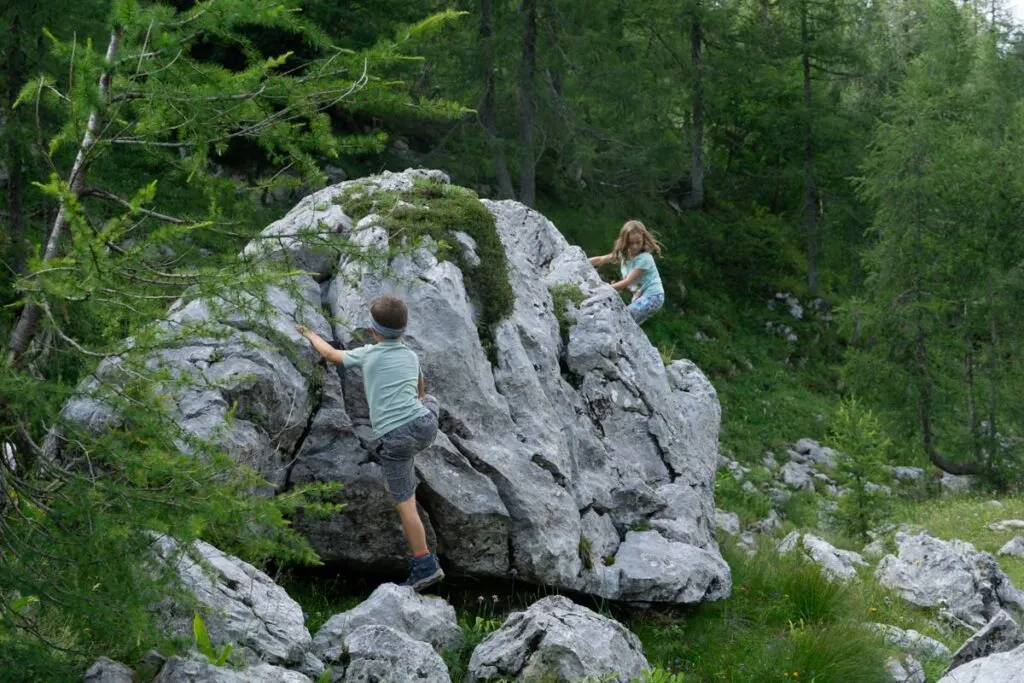two kids climb on a giant boulder while on a family hiking tour in the Julian Alps.