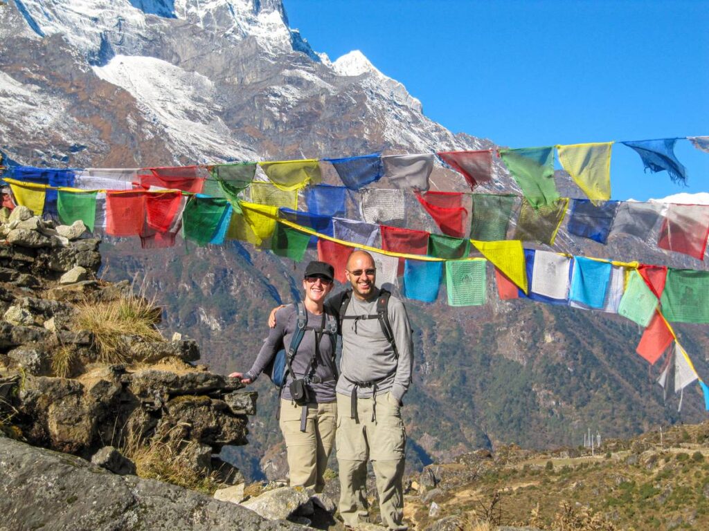 Celine Brewer and Dan Brewer from the Family Can Travel website are hiking in Nepal.