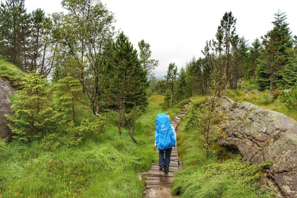 Celine Brewer, hikes with her child in a backpack carrier in the rain in Bergen, Norway.