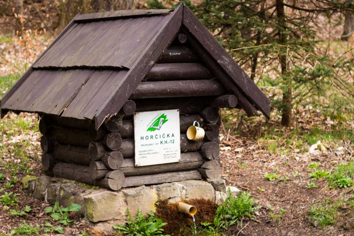 A cup hangs next to a natural spring on the Karlovy Vary to Loket hike.