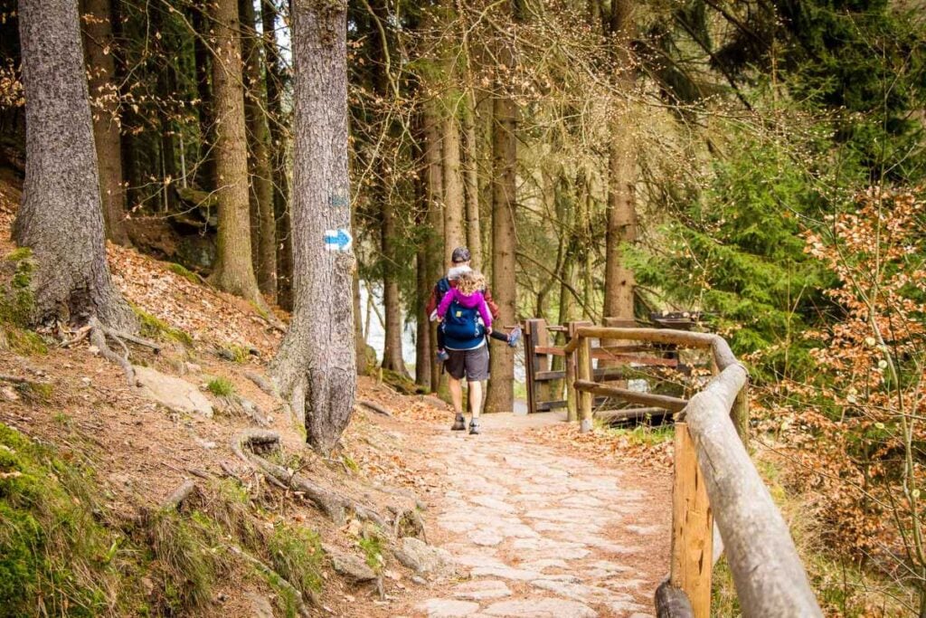 Dan Brewer, owner of FamilyCanTravel.com, carris his 4 year old daughter while on a family hike between Karlovy Vary and Loket.