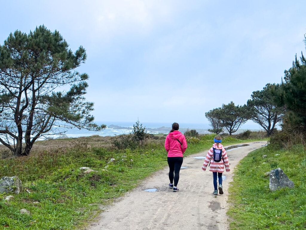 Celine Brewer, walks the Portuguese Camino Coastal Route with her 10-year old daughter near Oia, Spain.