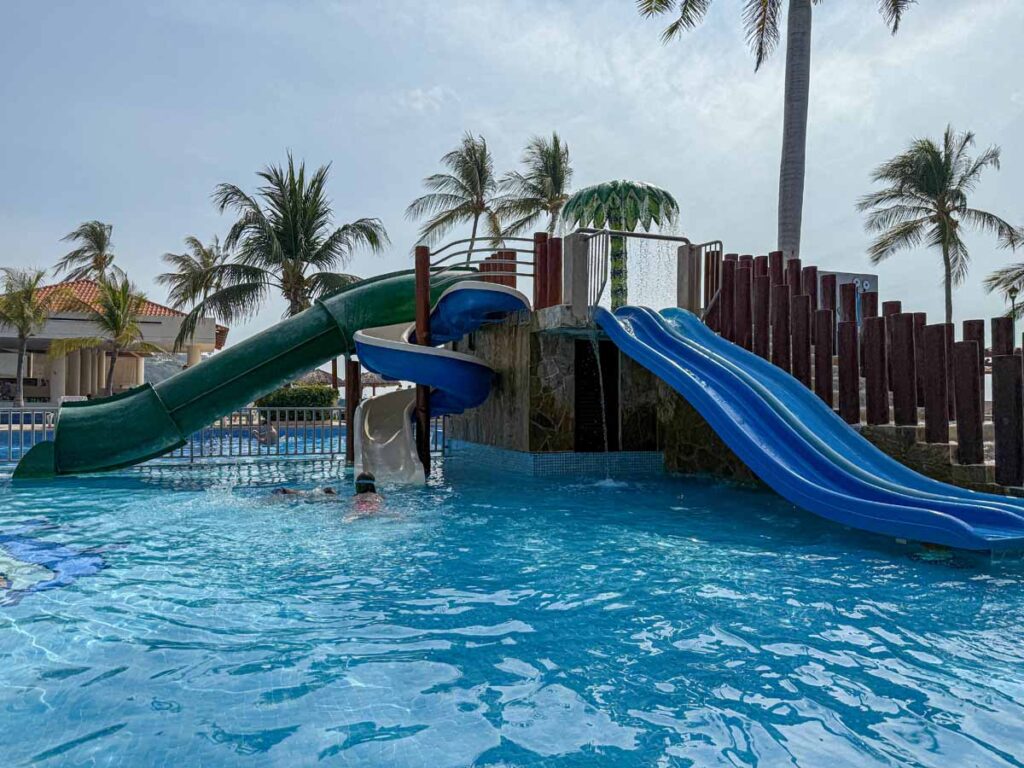 The water slides in the children's pool at the Barcelo Huatulco all-inclusive resort.