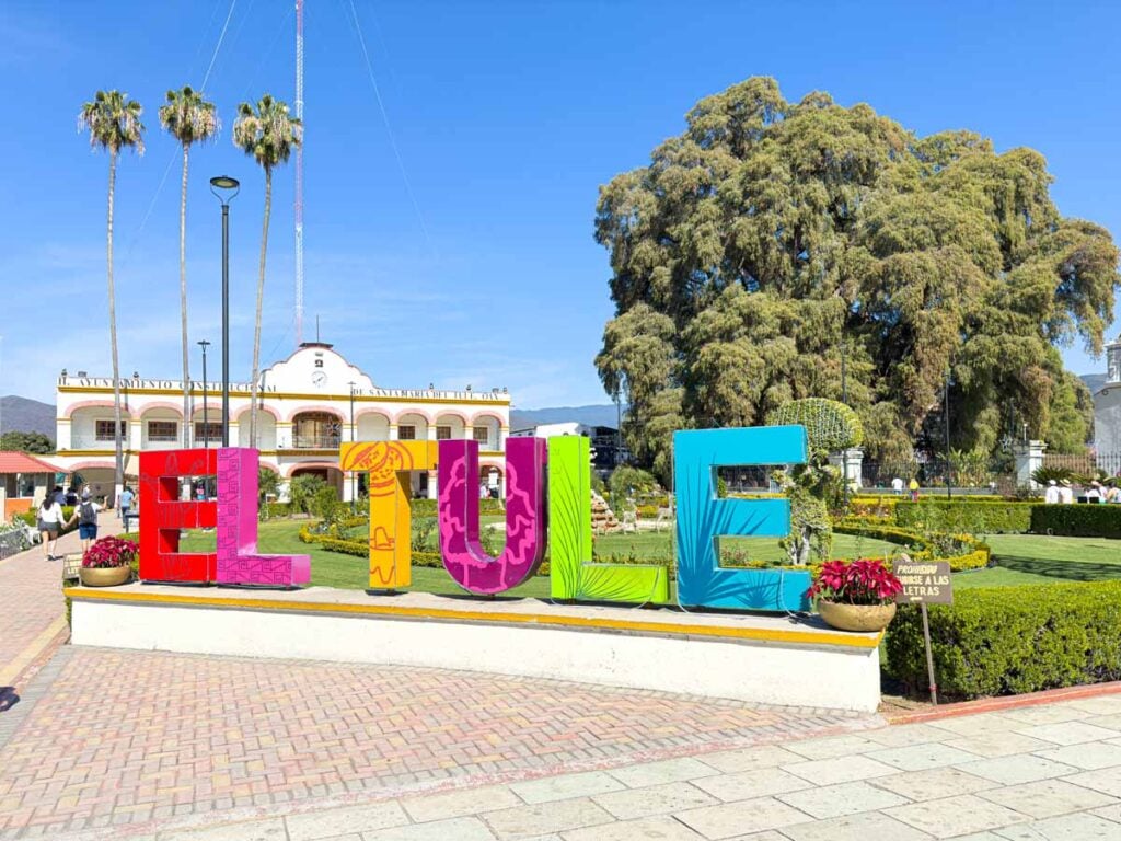A colorful "El Tule" sign in from of the Tule Tree, near Oaxaca, Mexico.