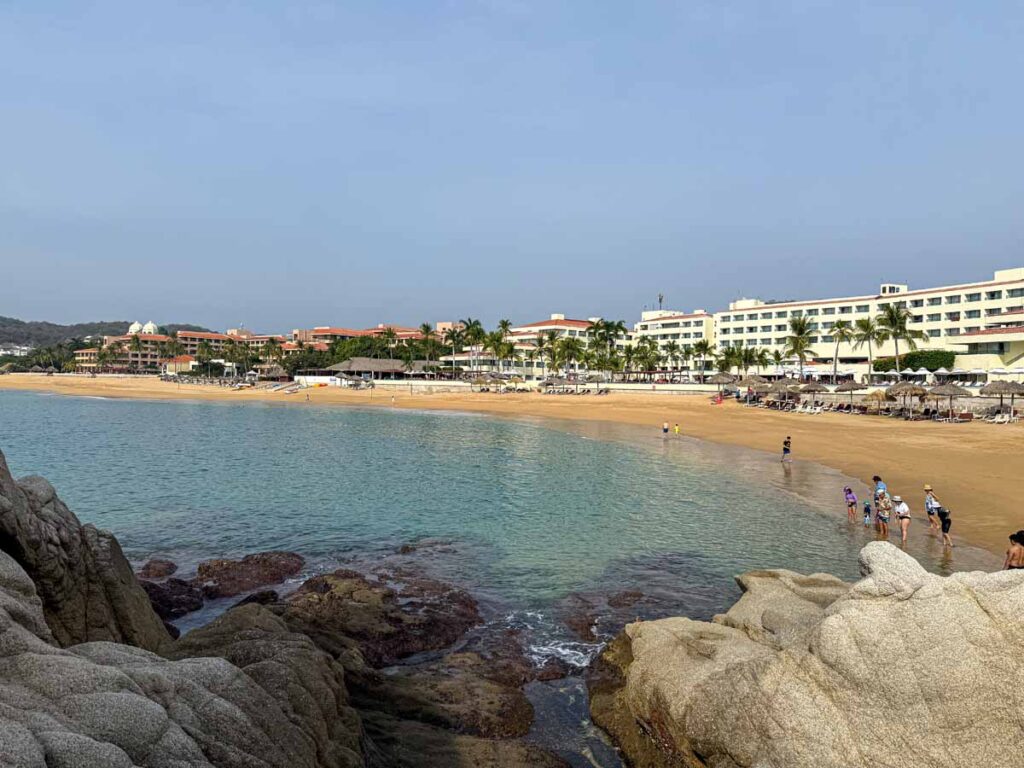 several beachfront Huatulco all-inclusive resorts along Tangolunda Bay, Mexico.