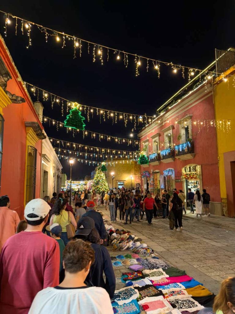 Calle Macedonio Alcalá comes alive at night in Oaxaca, Mexico.