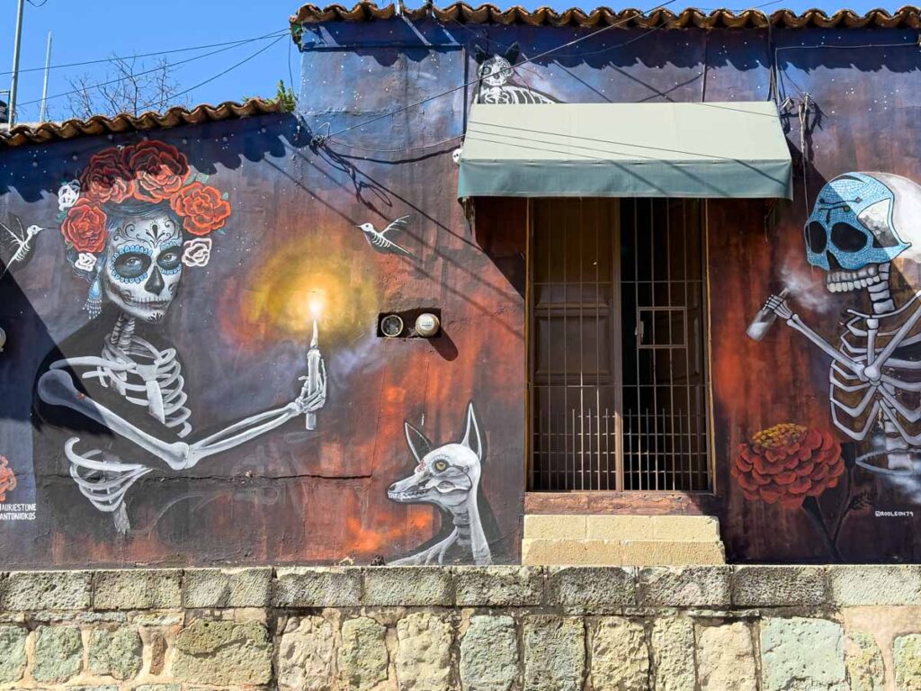 A beautiful traditional mural in the colorful neighborhood of Xochimilco, Oaxaca.