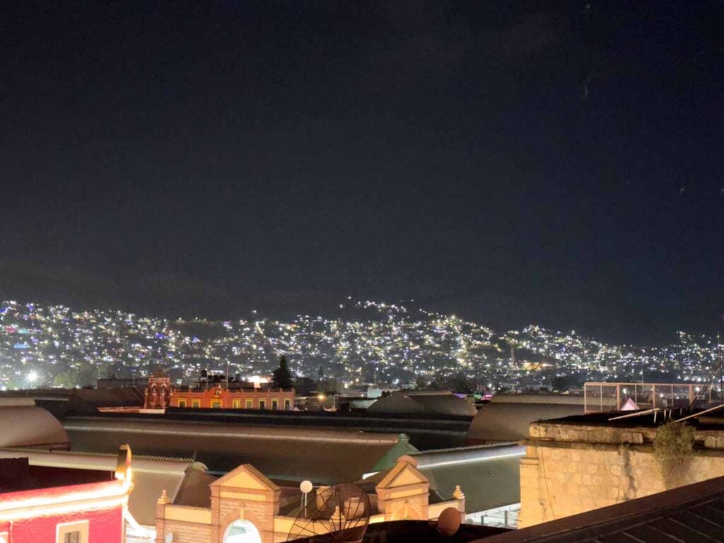 Oaxaca is all lit up at night, as seen from the family-friendly Suites de la Parra hotel.